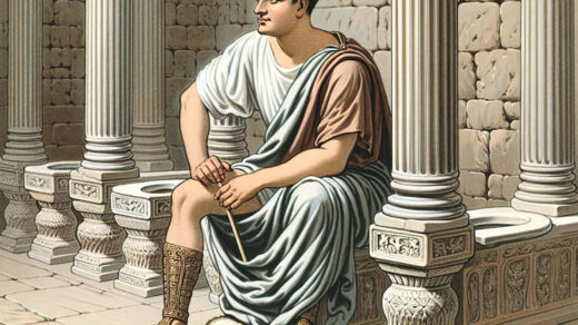 Illustration of Roman man using Ephesian toilets which is known as Latrines of Ephesus