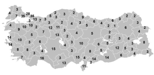 Number of Seats Each City of Turkey Has in the Parliament