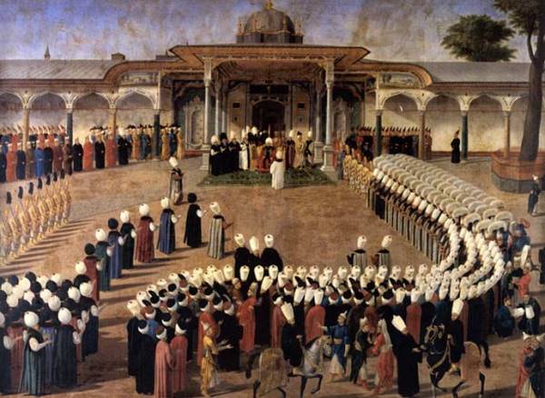 Painting of Sultan Selim III holding audience for Aid al-Hadha in front of the Gate of Felicity