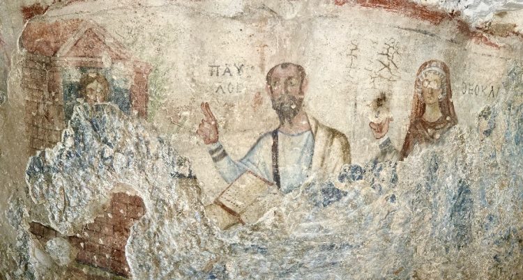 Fresco of Apostle Paul, Saint Thecla and Theoclia on the wall of the Grotto of Apostle Paul in Ephesus