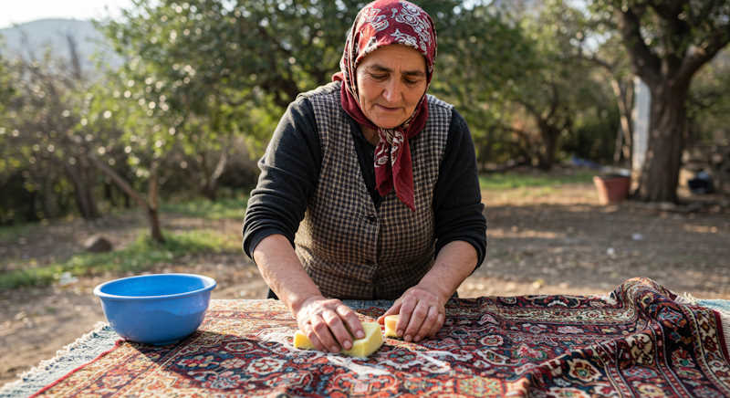 A sponge and a soap bar are the best tools to clean an oriental hand made Turkish carpet.