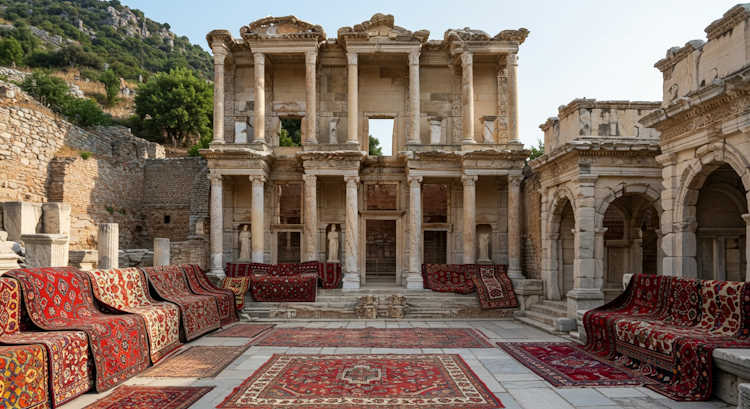 Amazing Turkish Carpets Decorating Celsus Library of Ephesus (Made with AI)