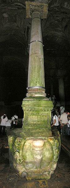 Column with an upside down Medusa head base in Basilica Cistern of Istanbul