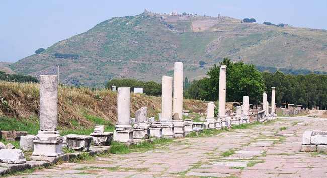 Marble Streets of Asclepion Temple and the Acropolis of the Pergamon Ancient City in the background