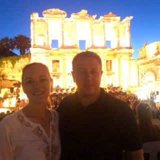 Hasan and Valeriya Gülday in front of Celsus Library of Ephesus during a Night Tour in Ephesus