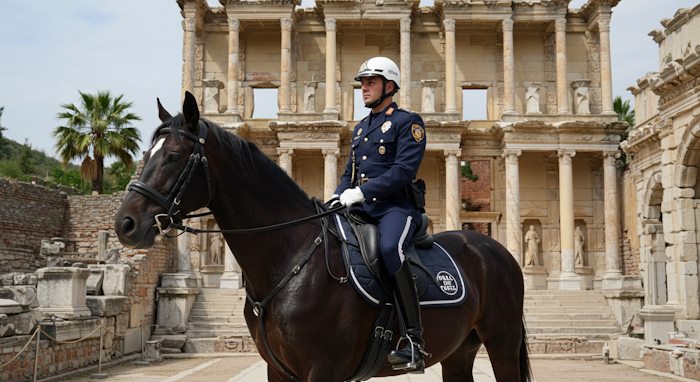 Image of a horsed policeman in front of Ephesus Celsus Library
