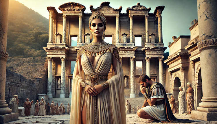 Cleopatra in front of the Celsus Library of Ephesus