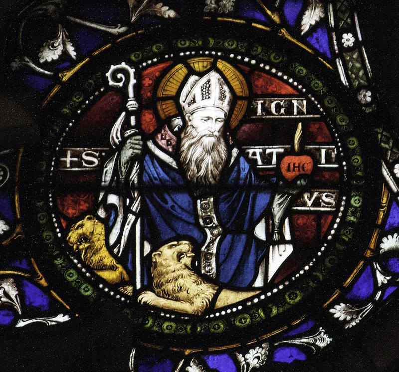 Stained glass detail from a window in St Paul's within-the-Walls, Rome, depicting Ignatius of Antioch (35-108 CE).