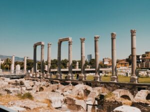Re-erected Corinthian columns of the Agora of Smyrna in the center of İzmir