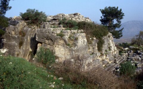 Belevi Mausoleum: The Huge Hellenistic Tomb Near Selçuk 3 Rock-cut base of the Belevi Mausoleum seen from the southeast with a pine tree and mountains behind it