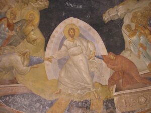 The Anastasis fresco in the Chora Church of Istanbul, Christ pulling Adam and Eve out of their tombs