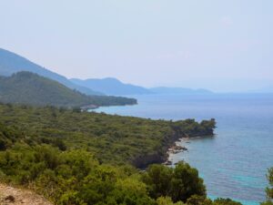 Wooded Aegean coastline of the Dilek Peninsula near Kusadasi on Turkey's west coast