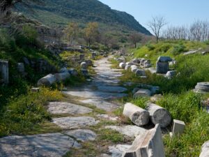 Ancient paved road with fallen column drums near the Magnesia Gate of Ephesus