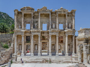 Front view of the two-story facade of the Celsus Library in Ephesus, rebuilt between 1970 and 1978
