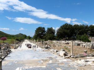Harbor Street in Ephesus lined with marble columns, the last stretch of the new route that starts at the Vedius Gymnasium