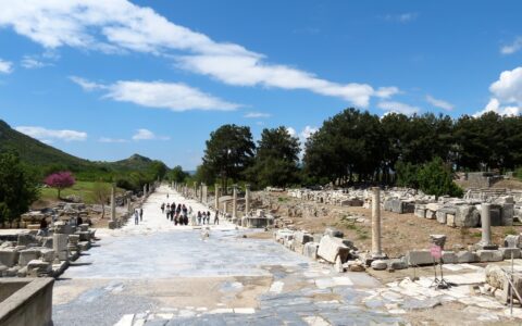 Harbor Street in Ephesus lined with marble columns, the last stretch of the new route that starts at the Vedius Gymnasium