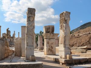 Two pillars carved with the figure of Heracles at the Hercules Gate on Curetes Street in Ephesus