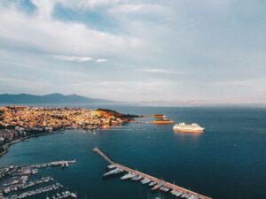 Cruise ship in Kusadasi bay at golden hour, at the start of the trip from Kusadasi cruise port to Ephesus