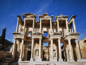 The two-story facade of the Library of Celsus in Ephesus Ancient City