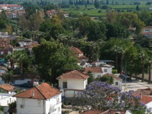 Green farmland and olive slopes of the Küçük Menderes plain beyond the roofs of Selçuk