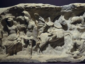 Relief panel of the Temple of Hadrian in Ephesus showing Androklos on horseback and the wild boar