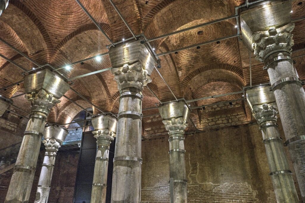 15 Interesting Facts About Cisterns of Istanbul 6 Corinthian capitals and brick vaults above the marble columns of the Theodosius Cistern in Istanbul