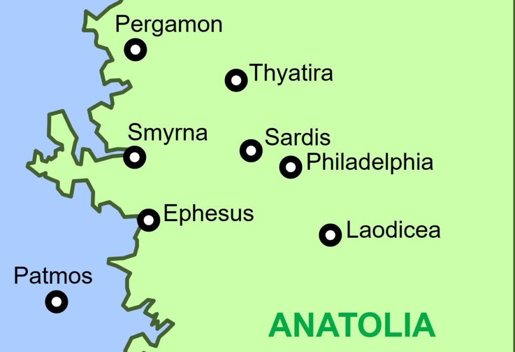 The Seven Churches Today: Modern Names, Locations, and How to Visit Them 2 Map of western Turkey showing the seven churches of Revelation: Pergamon, Thyatira, Smyrna, Sardis, Philadelphia, Ephesus and Laodicea, with the island of Patmos