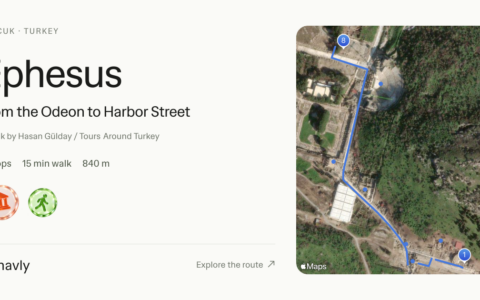 My Ephesus Self-Guided Walking Tour Is Now in Navly, on Apple Maps 7 Navly route card for Ephesus, From the Odeon to Harbor Street: 8 stops, 15 minute walk, 840 meters, a walk by Hasan Gülday, drawn on Apple Maps