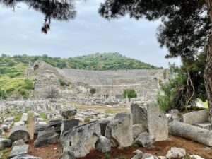 Ruins of the Theater Gymnasium in Ephesus with the Great Theater behind them, near the Arcadian Street