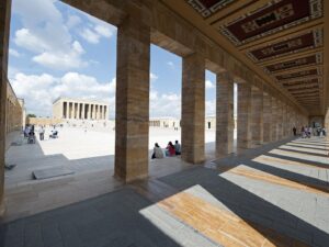 View of Anitkabir in Ankara from the colonnade across the ceremonial plaza toward the mausoleum